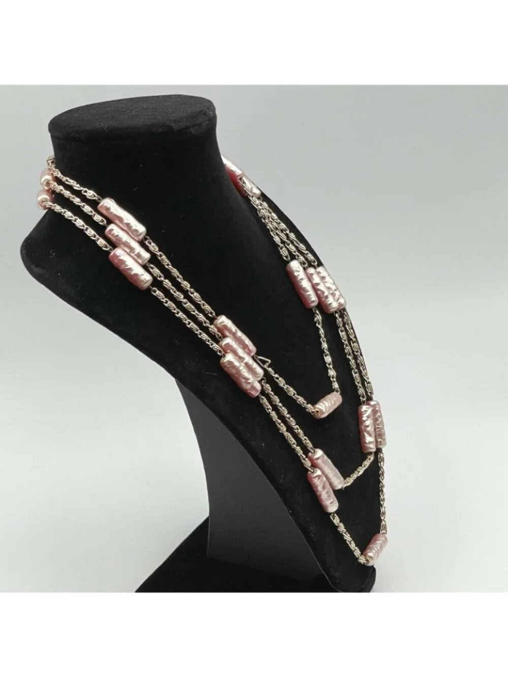 Opera Length Necklace Vintage Pearlescent Pink Bead Station 30" Drop + Earrings - Picture 6 of 9